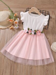 SHEIN Toddler Girls Appliques Mesh Overlay Dress - Multicolor - View 1
