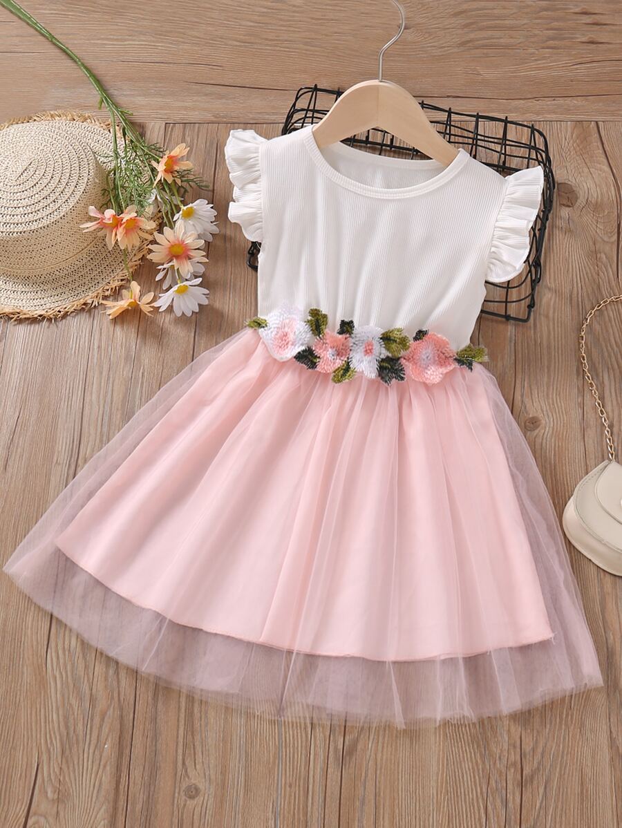 SHEIN Toddler Girls Appliques Mesh Overlay Dress - Multicolor - View 1