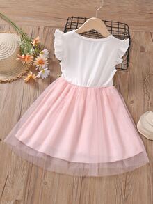 SHEIN Toddler Girls Appliques Mesh Overlay Dress - Multicolor - View 2