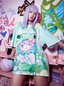 ROMWE Anime Camiseta amplia con estampado de dibujos animados