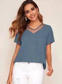 SHEIN LUNE Mesh Insert Solid Top - Dusty Blue - View 1