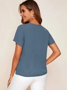 SHEIN LUNE Mesh Insert Solid Top - Dusty Blue - View 2