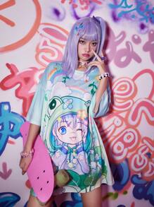 ROMWE Anime Camiseta amplia con estampado de dibujos animados
