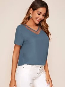 SHEIN LUNE Mesh Insert Solid Top - Dusty Blue - View 5