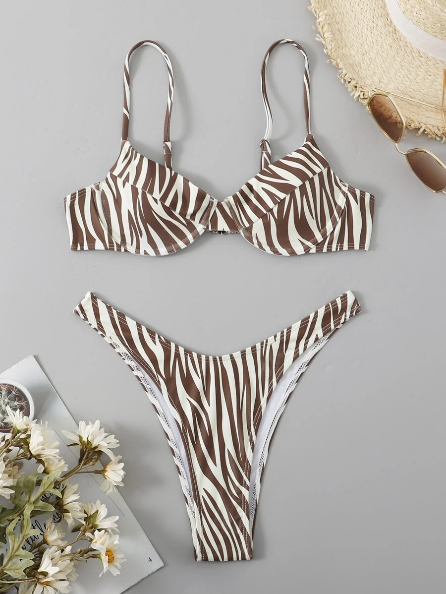 SHEIN Swim 夏季海滩斑马条纹比基尼套装聚拢上衣和高腰两件套比基尼 - 彩色 - 查看 1