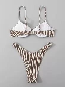 SHEIN Swim 夏季海滩斑马条纹比基尼套装聚拢上衣和高腰两件套比基尼 - 彩色 - 查看 2