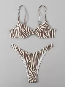 SHEIN Swim 夏季海滩斑马条纹比基尼套装聚拢上衣和高腰两件套比基尼 - 彩色 - 查看 5