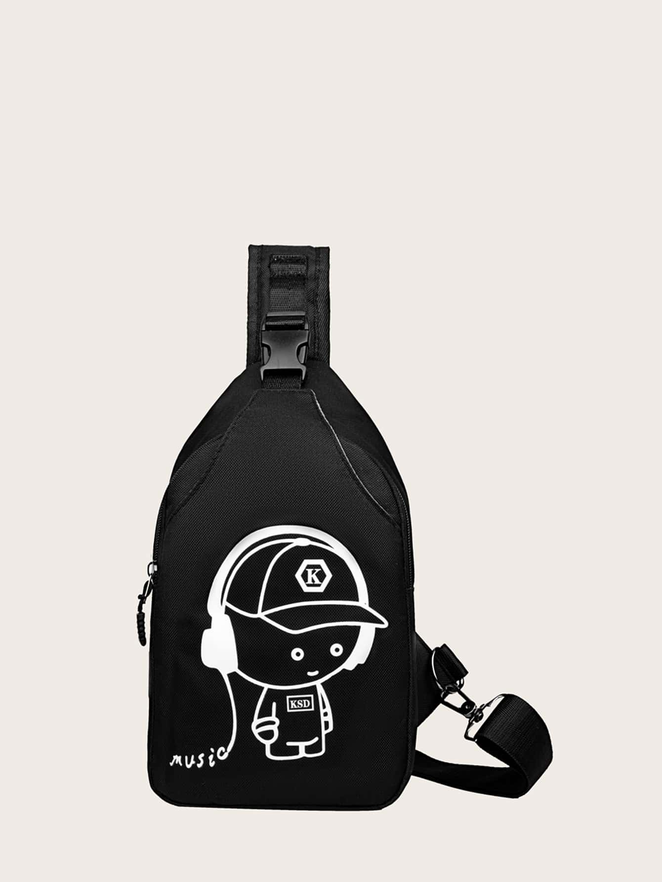 男孩卡通圖案單肩包 - 黑色 - 查看 1