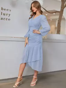 Modelyn Swiss Dot Wrap Fitted Dress - Baby Blue - View 4