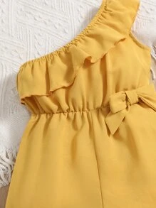 SHEIN Baby Ruffle Trim Bow Side One Shoulder Romper - Yellow - View 4