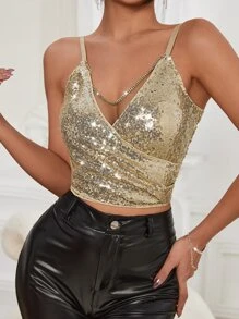 水鑽鏈條吊帶亮片上衣 - 香檳色 - 查看 4