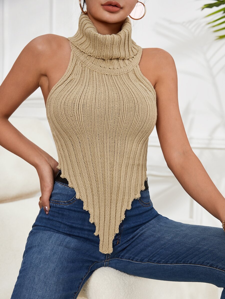 SHEIN Privé High Neck Backless Asymmetrical Hem Knit Top - Apricot - View 1