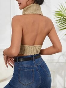 SHEIN Privé High Neck Backless Asymmetrical Hem Knit Top - Apricot - View 2