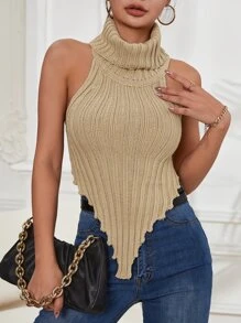 SHEIN Privé High Neck Backless Asymmetrical Hem Knit Top - Apricot - View 3