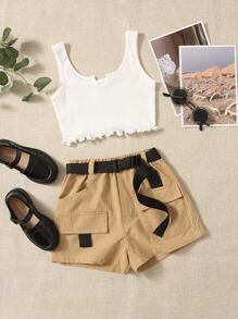 SHEIN 女孩木耳邊背心上衣和插扣附腰帶短褲 - 彩色 - 查看 1