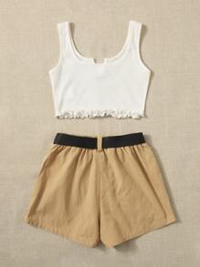SHEIN 女孩木耳邊背心上衣和插扣附腰帶短褲 - 彩色 - 查看 2