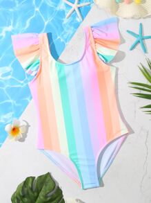 Tween女孩彩虹條紋荷葉邊連身泳衣 - 彩色 - 查看 1