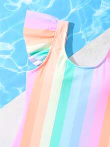 Tween女孩彩虹條紋荷葉邊連身泳衣 - 彩色 - 查看 3