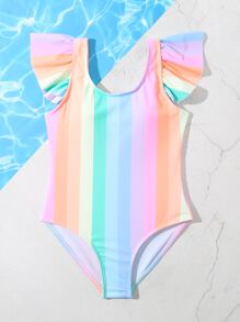 Tween女孩彩虹條紋荷葉邊連身泳衣 - 彩色 - 查看 5