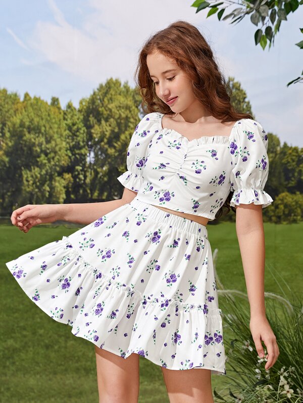 SHEIN Chicas adolescentes Blusa con estampado floral fruncido de manga ...