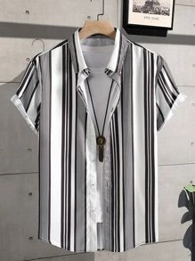 Manfinity 男士隨機條紋圖案襯衫不帶T恤 - 黑與白 - 查看 1