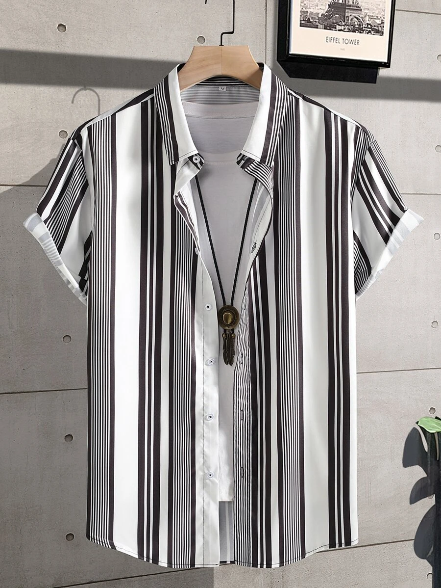 Manfinity 男士隨機條紋圖案襯衫不帶T恤 - 黑與白 - 查看 1