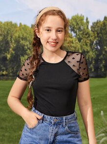 SHEIN Leap Crew Teen Girls Heart Embroidery Contrast Mesh Raglan Sleeve Tee - Black - View 1