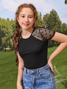 SHEIN Leap Crew Teen Girls Heart Embroidery Contrast Mesh Raglan Sleeve Tee - Black - View 4