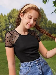 SHEIN Leap Crew Teen Girls Heart Embroidery Contrast Mesh Raglan Sleeve Tee - Black - View 5