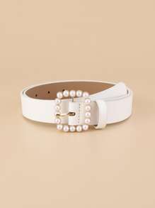 Square Faux Pearl Buckle Women's Belt, Retro Simple And Fashionable Decorative Waistband Elegant Summer, School Fall, Autumn, Halloween - White - View 3
