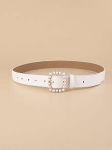 Square Faux Pearl Buckle Women's Belt, Retro Simple And Fashionable Decorative Waistband Elegant Summer, School Fall, Autumn, Halloween - White - View 4