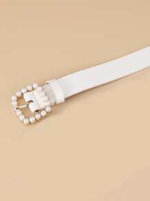 Square Faux Pearl Buckle Women's Belt, Retro Simple And Fashionable Decorative Waistband Elegant Summer, School Fall, Autumn, Halloween - White - View 5
