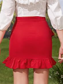 SHEIN Teen Girls Solid Ruffle Hem Skirt - Red - View 2