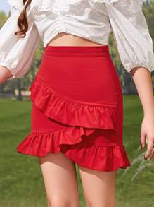 SHEIN Teen Girls Solid Ruffle Hem Skirt - Red - View 4
