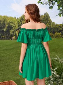SHEIN 青少年女孩一字肩木耳褶皺邊打攬連衣裙 - 綠色 - 查看 2