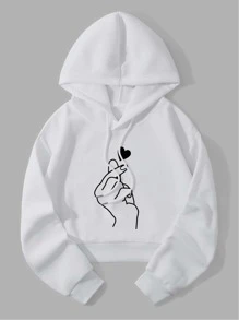 INAWLY 手势与心形印花落肩抽绳保暖连帽衫，长袖上衣 - 白色 - 查看 1