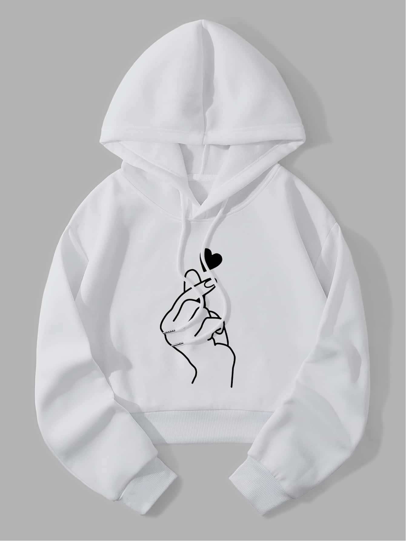 INAWLY 手势与心形印花落肩抽绳保暖连帽衫，长袖上衣 - 白色 - 查看 1