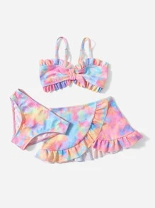 年轻女孩 3 件装扎染荷叶边比基尼套装和沙滩裙夏季海滩