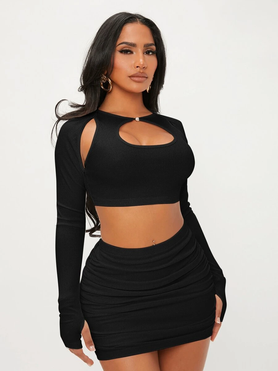 SHEIN SXY Cut Out Raglan Sleeve Pearl Detail Crop Tee - Black - View 1