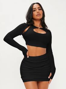 SHEIN SXY Cut Out Raglan Sleeve Pearl Detail Crop Tee - Black - View 4