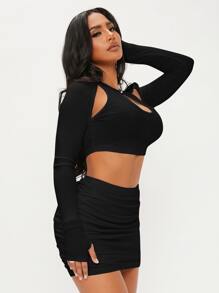 SHEIN SXY Cut Out Raglan Sleeve Pearl Detail Crop Tee - Black - View 5