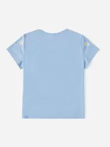 SHEIN EZwear Summer Daisy Floral Embroidered Casual And Loose Short Sleeve Tee - Blue - View 3