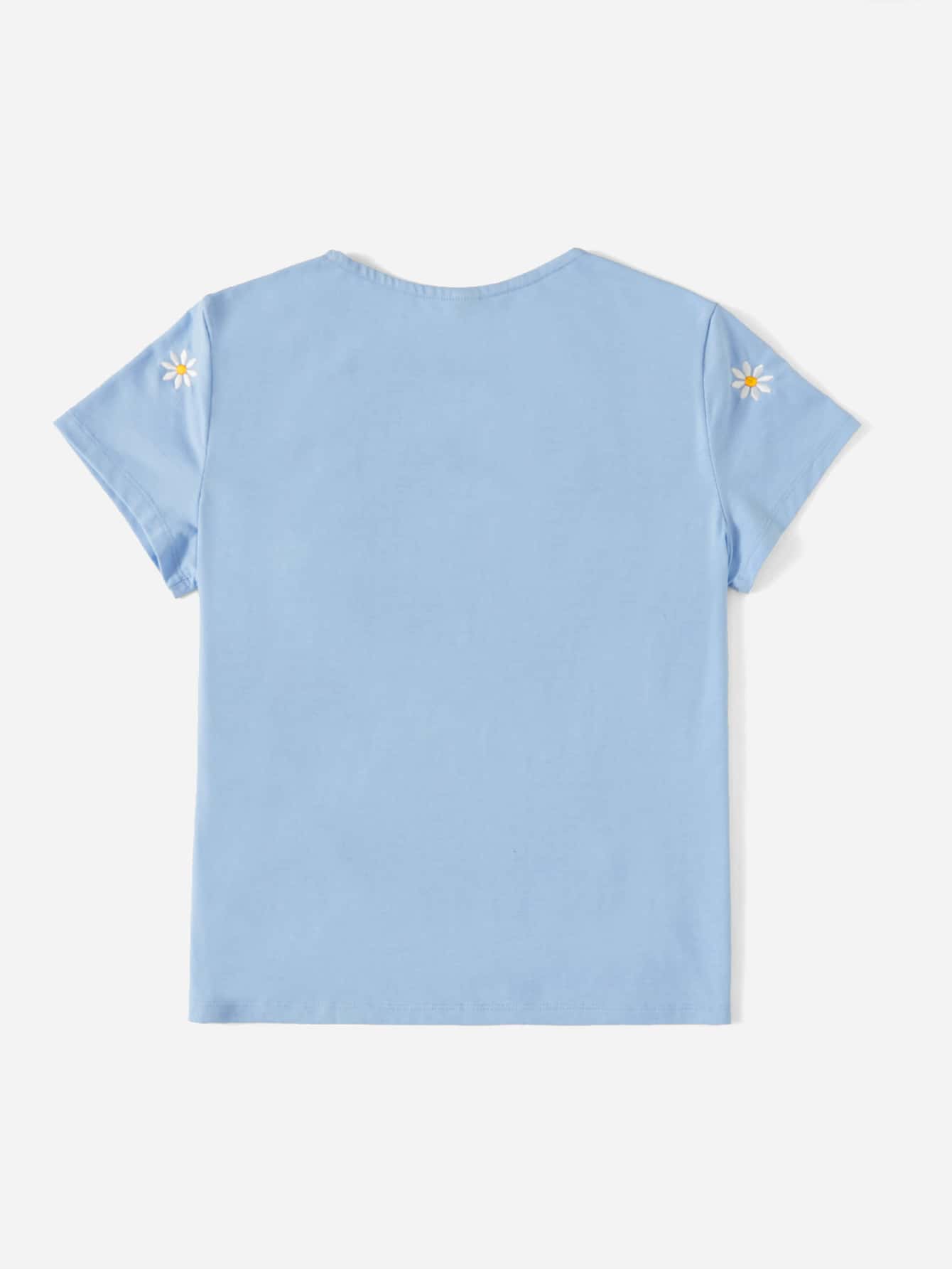 SHEIN EZwear Sommar Daisy Blommig Broderad Enkel Och Lös Kort Ärm T-Skjortor - Blå - Visa 2