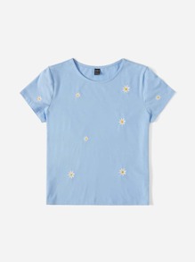 SHEIN EZwear Summer Daisy Floral Embroidered Casual And Loose Short Sleeve Tee - Blue - View 4