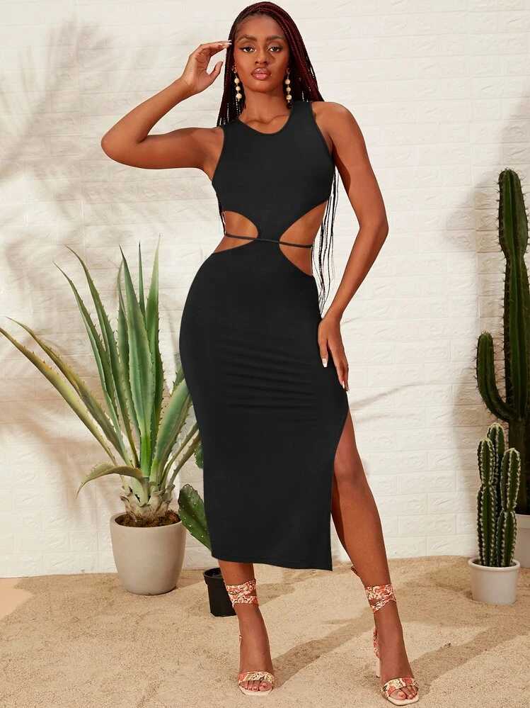 SHEINNeu Cut Out Waist Slit Thigh Belted Bodycon Dress | SHEIN USA