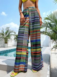 SHEIN Holidaya 高腰格紋闊腿褲 - 彩色 - 查看 3