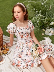 SHEIN Leap Crew Vestido De Manga Farol Juvenil Con Estampado Tejido, Adecuado Para El Verano - Multicolor - Ver 1