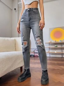 Jeans de pierna recta con lavado ligero con diseño de desgarro - Gris Claro - Ver 1