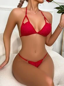 Solid Cut-out Bust Lingerie Set - Red - View 3