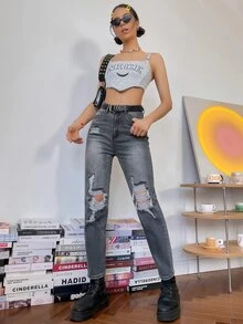Jeans de pierna recta con lavado ligero con diseño de desgarro - Gris Claro - Ver 3